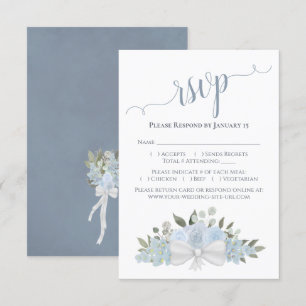 Dusty Blue Watercolor Roses & Blossoms Wedding RSVP Card