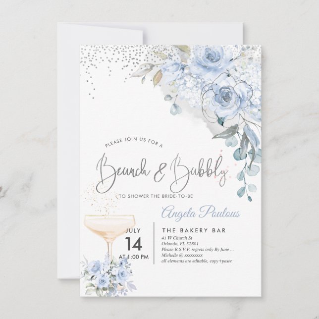 Dusty Blue Watercolor Roses Brunch Bubbly Invitation (Front)