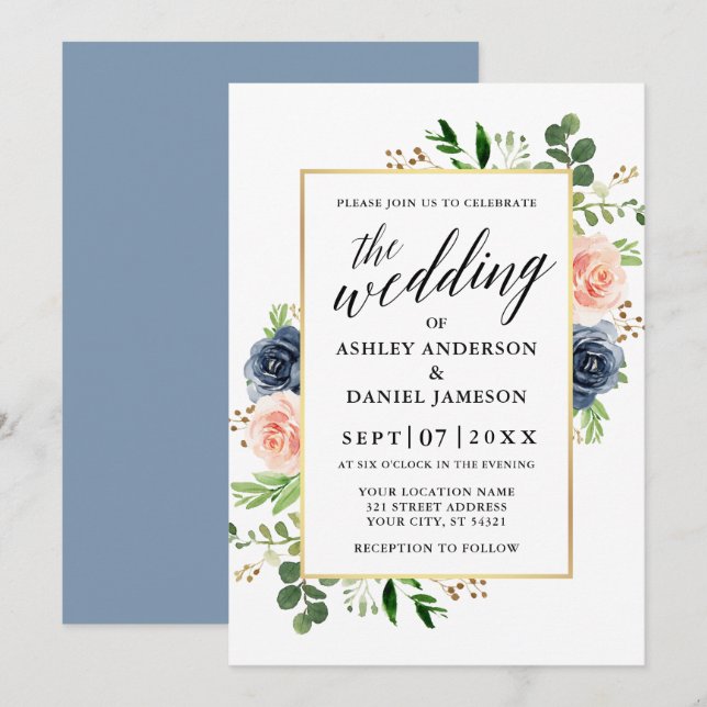 Dusty Blue Watercolor Roses Calligraphy Wedding Invitation (Front/Back)