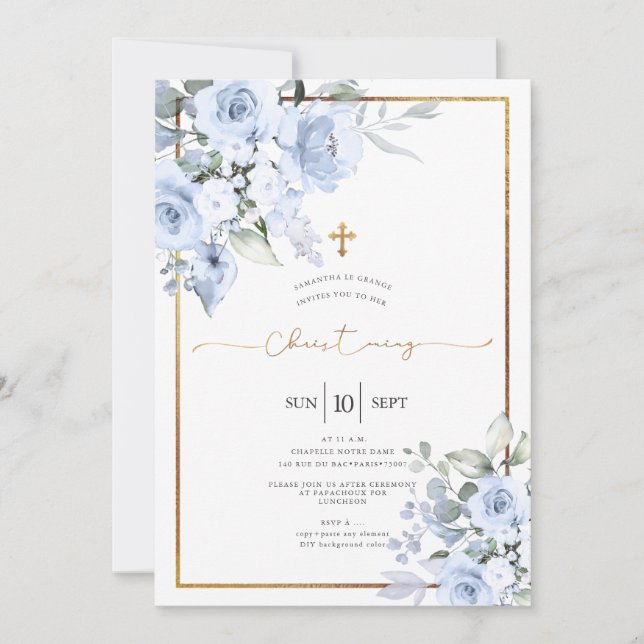 Dusty Blue Watercolor Roses Christening Invitation (Front)