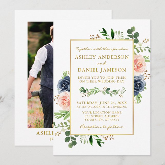 Dusty Blue Watercolor Roses Photo Gold Wedding Invitation (Front/Back)