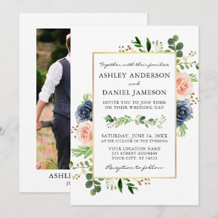 Dusty Blue Watercolor Roses Photo Wedding Invitation