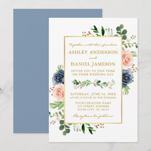 Dusty Blue Watercolor Roses Wedding Gold Invitation