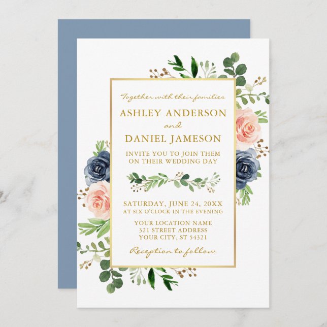 Dusty Blue Watercolor Roses Wedding Gold Invitation (Front/Back)