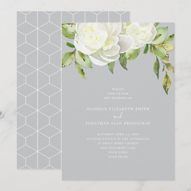 Dusty Blue Watercolor Spring Floral Peony Wedding Invitation (Front/Back)