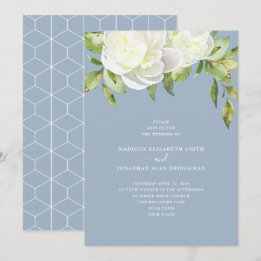 Dusty Blue Watercolor Spring Floral Peony Wedding Invitation