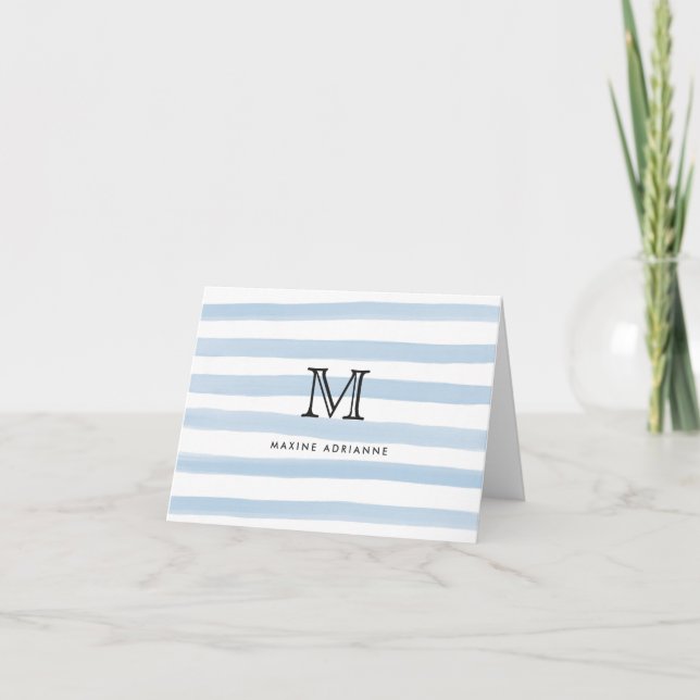 Dusty Blue Watercolor Stripes Pattern Monogram Note Card (Front)