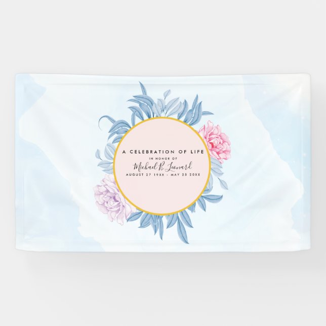 Dusty Blue Watercolor Succulent Funeral Memorial Banner (Horizontal)