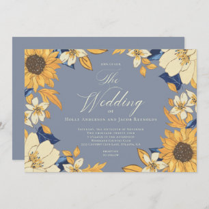 Dusty Blue Watercolor Sunflower Script Wedding Inv Invitation