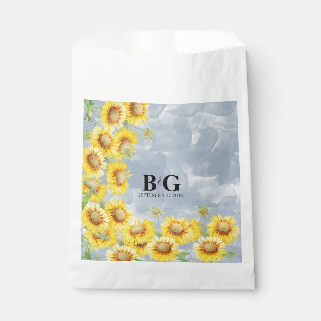 Dusty Blue Watercolor Sunflowers Monogram Wedding  Favour Bags (Front)