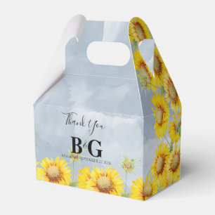 Dusty Blue Watercolor Sunflowers Monogram Wedding Favour Box
