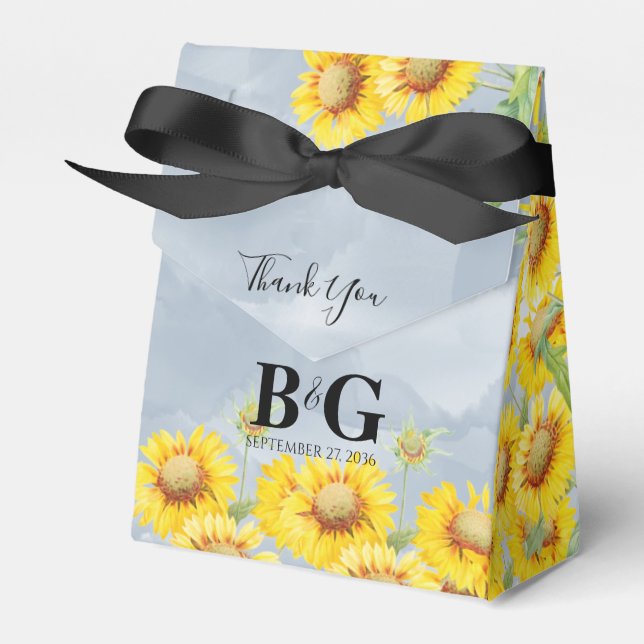 Dusty Blue Watercolor Sunflowers Monogram Wedding Favour Box (Front Side)