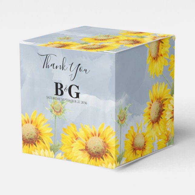 Dusty Blue Watercolor Sunflowers Monogram Wedding Favour Box (Front Side)