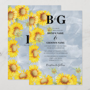 Dusty Blue Watercolor Sunflowers Monogram Wedding Invitation