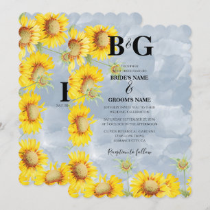 Dusty Blue Watercolor Sunflowers Monogram Wedding Invitation