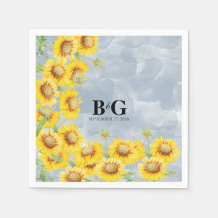 Dusty Blue Watercolor Sunflowers Monogram Wedding  Napkin