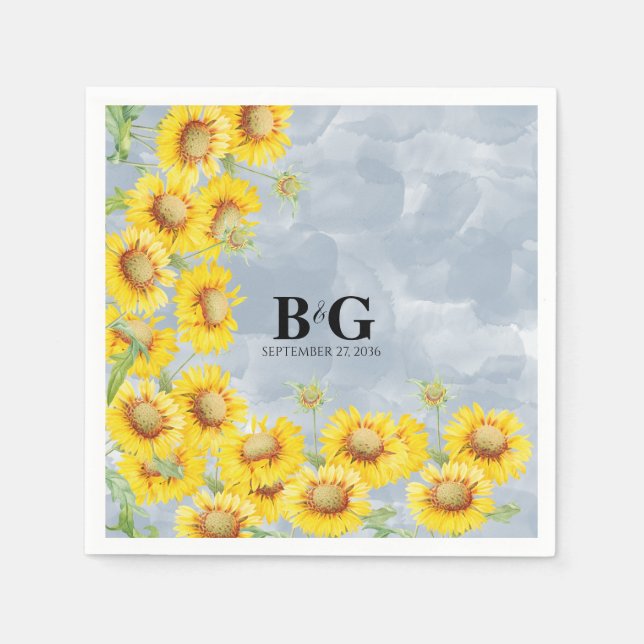 Dusty Blue Watercolor Sunflowers Monogram Wedding  Napkin (Front)