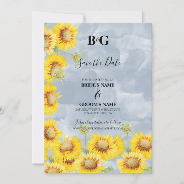 Dusty Blue Watercolor Sunflowers Monogram Wedding Save The Date (Front)