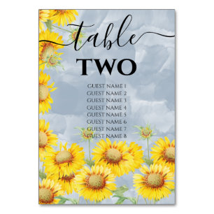 Dusty Blue Watercolor Sunflowers Monogram Wedding  Table Number