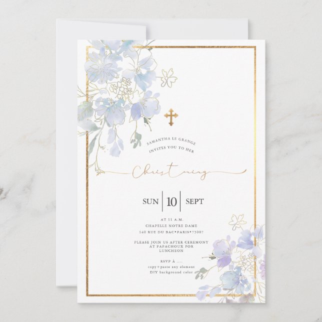 Dusty Blue Watercolor Sweet Peas Christening Invitation (Front)