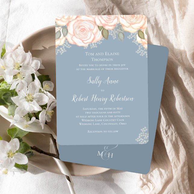 Dusty Blue Watercolor Wedding Floral Invitation (Elegant dusty blue wedding invitation template.)