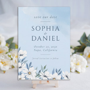 Dusty Blue Watercolor White Floral Wedding Save The Date