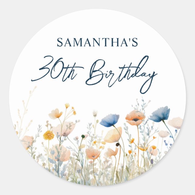 Dusty Blue Watercolor Wildflower 30th Birthday Classic Round Sticker (Front)