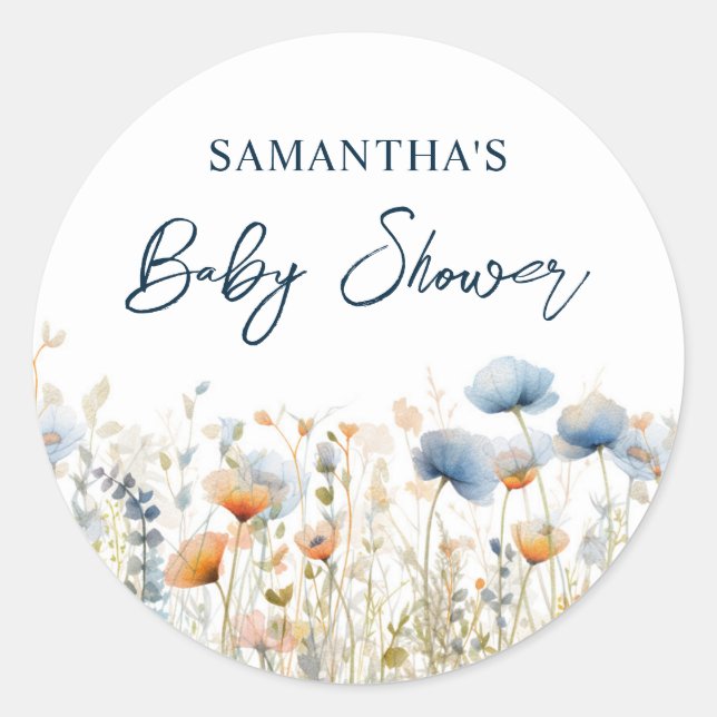 Dusty Blue Watercolor Wildflower Baby Shower Classic Round Sticker (Front)
