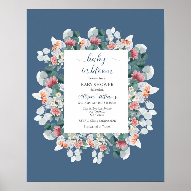 Dusty blue watercolor wildflower baby shower   poster (Front)