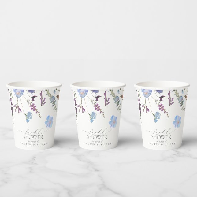 Dusty Blue Watercolor Wildflower Bridal Shower Paper Cups (Multi)