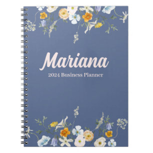 Dusty Blue Watercolor Wildflower Business Planner Notebook