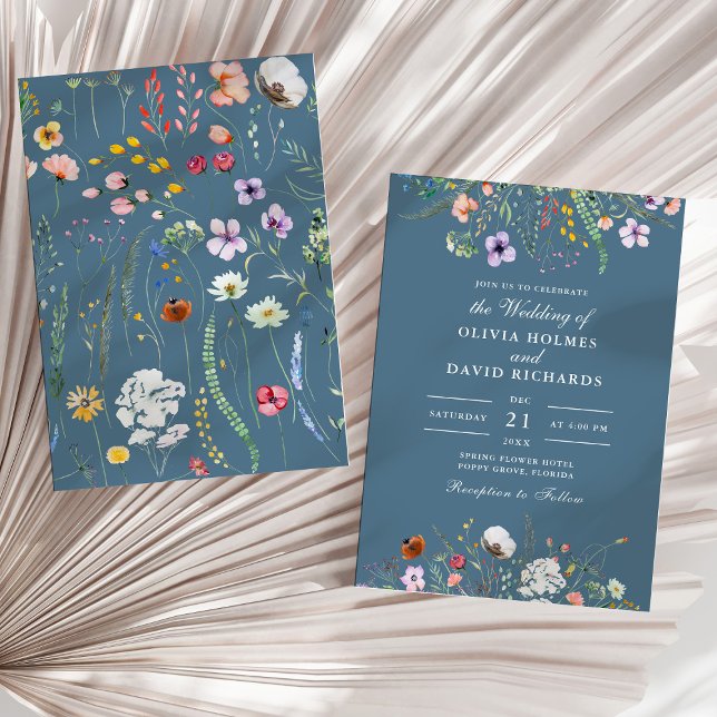 Dusty Blue Watercolor Wildflower Meadow Wedding Invitation (Dusty Blue Watercolor Wildflower Meadow Wedding Invitation on a sunny neutral dry palm leaf.)