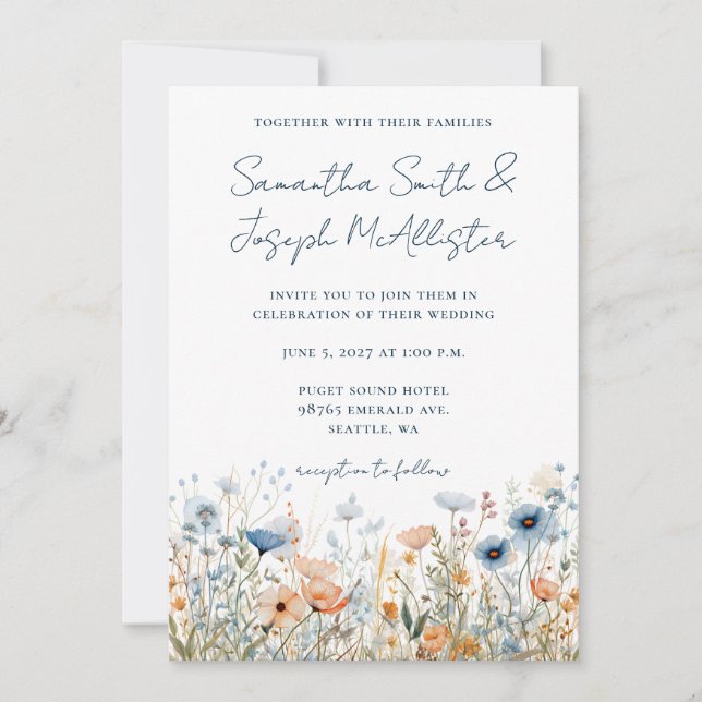 Dusty Blue Watercolor Wildflower Wedding Invitation (Front)