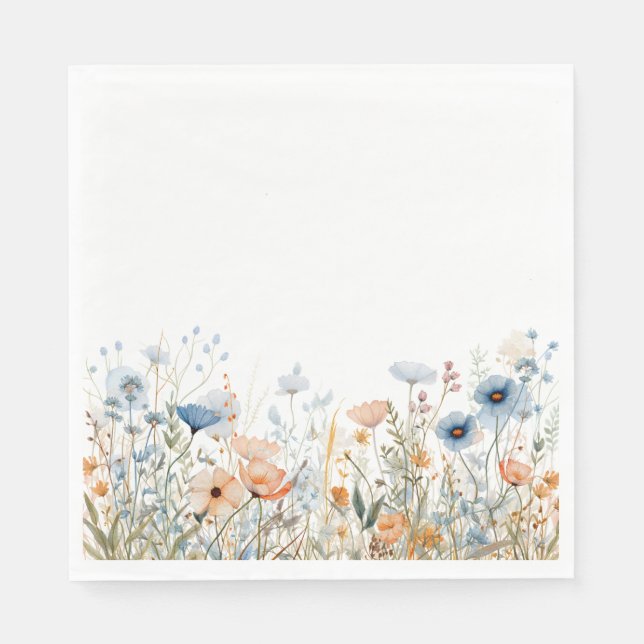 Dusty Blue Watercolor Wildflower Wedding Napkin (Front)