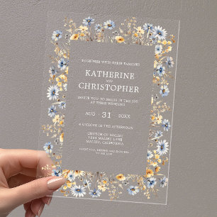 Dusty Blue Watercolor Wildflowers Elegant Wedding Acrylic Invitations