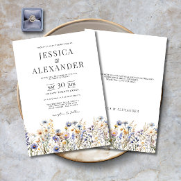 Dusty Blue Watercolor Wildflowers Elegant Wedding Invitation