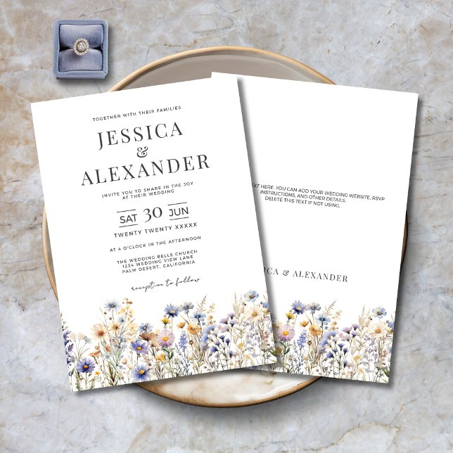 Dusty Blue Watercolor Wildflowers Elegant Wedding Invitation (Dusty Blue Watercolor Wildflowers Elegant Wedding Invitation with Optional Text on Back for RSVP etc)