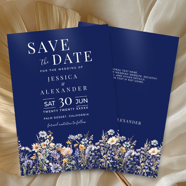Dusty Blue Watercolor Wildflowers Navy Wedding  Save The Date (Dusty Blue Watercolor Wildflowers Elegant Navy Save the Date with Optional Info on the Back.)