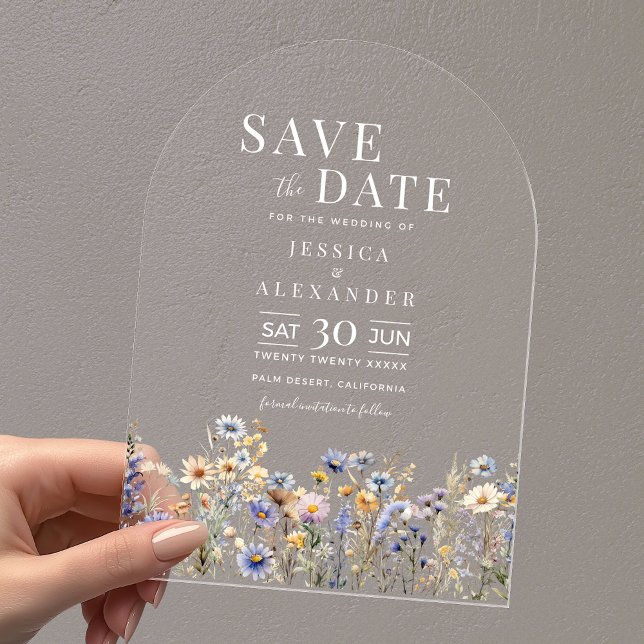 Dusty Blue Watercolor Wildflowers Wedding Arch Acrylic Invitations (Dusty Blue Watercolor Wildflowers Wedding Arch Save the Date on Clear Acrylic with White Text.)