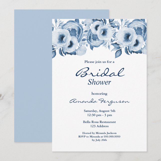 Dusty blue watercolored floral white bridal shower invitation (Front/Back)