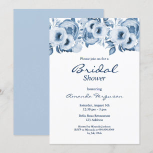 Dusty blue watercolored floral white bridal shower invitation