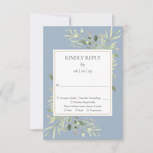Dusty Blue Watercolour Greenery Wedding RSVP (Front)