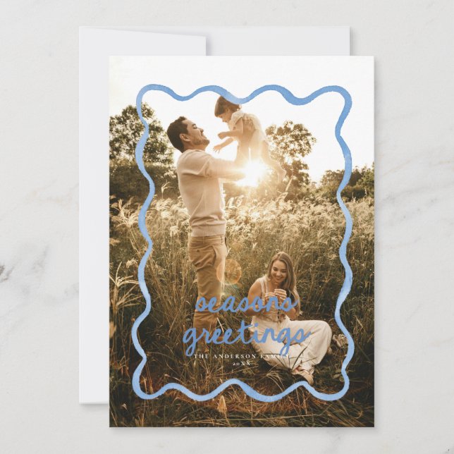 Dusty Blue Wavy Squiggle Border Holiday Photo Card (Front)