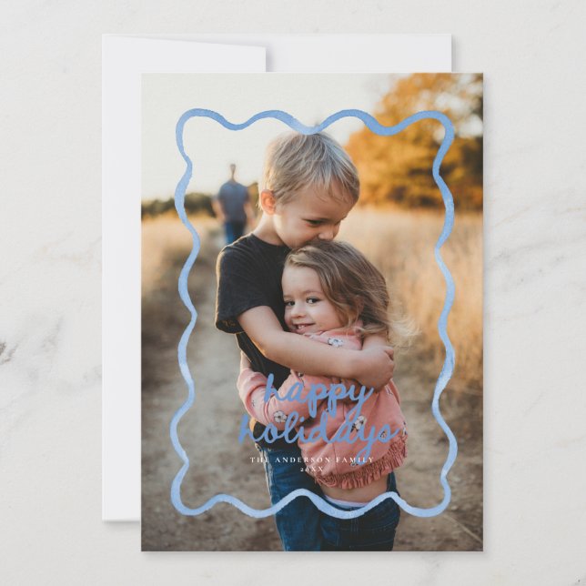 Dusty Blue Wavy Squiggle Border Holiday Photo Card (Front)