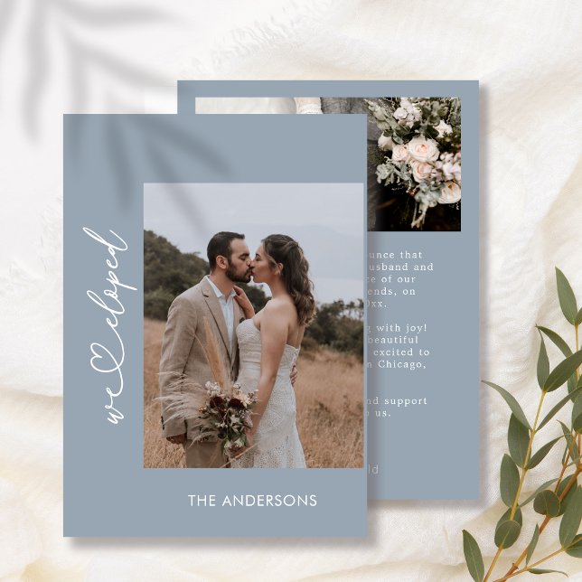Dusty Blue We Eloped 2 Photo Script Wedding  Thank You Card (Creator Uploaded)