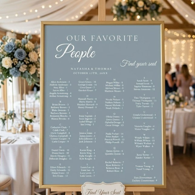 Dusty Blue Wedding Alphabetical Seating Chart (Creator Uploaded)