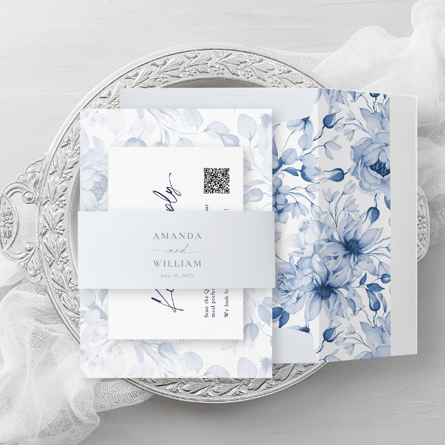 Dusty Blue Wedding Belly Band with Couple’s Names Invitation Belly Band (Creator Uploaded)