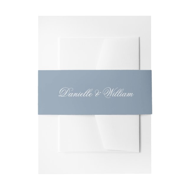 Dusty Blue Wedding Belly Band with White Script Invitation Belly Band (Front Example)