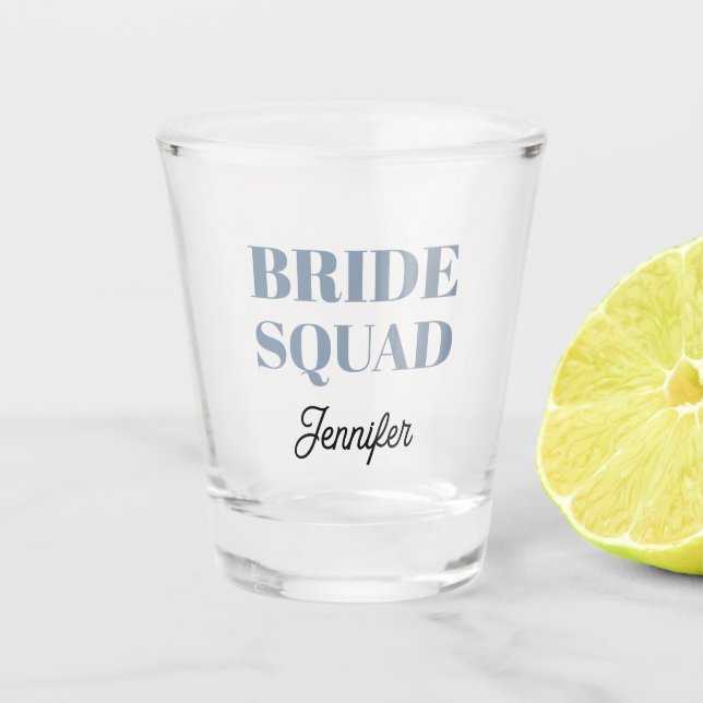 Dusty Blue Wedding Bride Squad Personalized Shot Glass (Front)