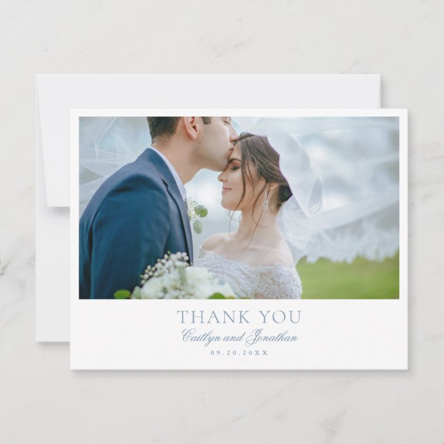 Dusty Blue Wedding Calligraphy Flat Thank You Card (Front)